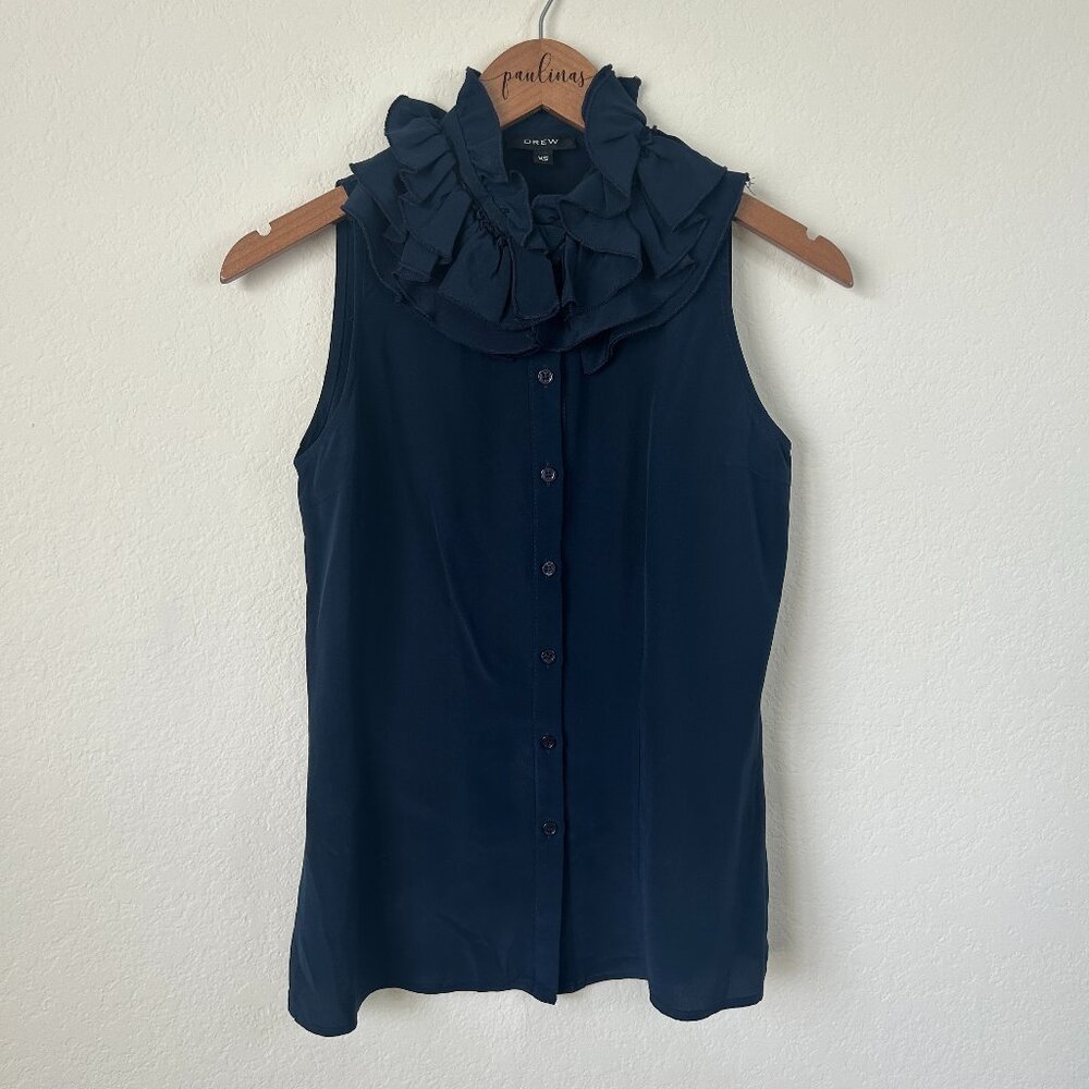 DREW Top Womens XS Navy Blue Silk Ruffle Neck Career Top